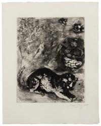 Le chat et les deux moineaus (one plate from La Fontaine Fables )