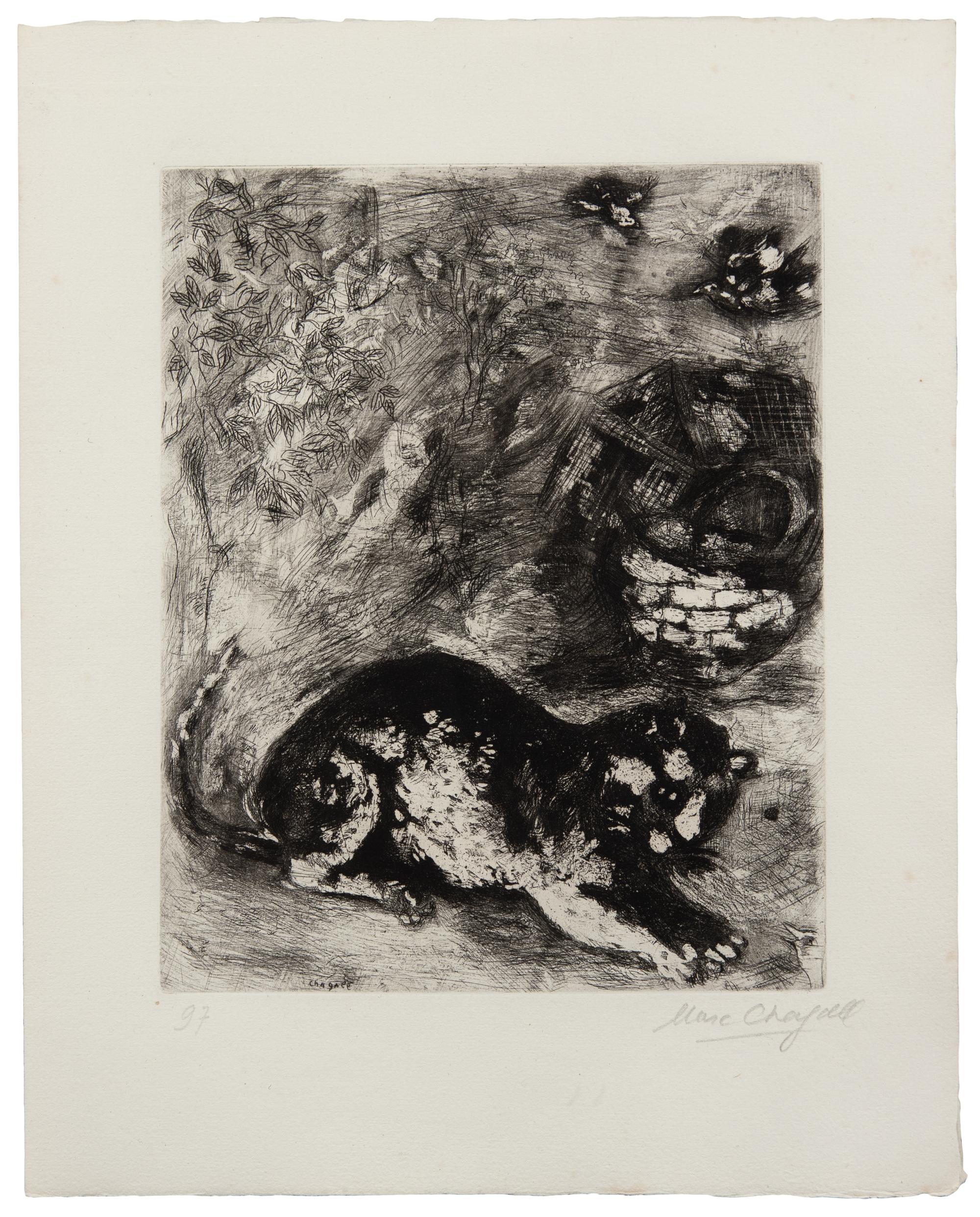 Le chat et les deux moineaus (one plate from La Fontaine Fables )