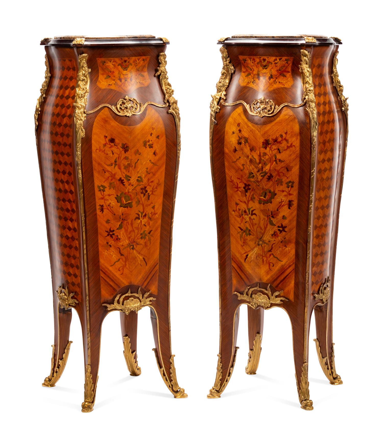 A Pair of Louis XV Style Gilt Metal Mounted Marquetry Pedestals