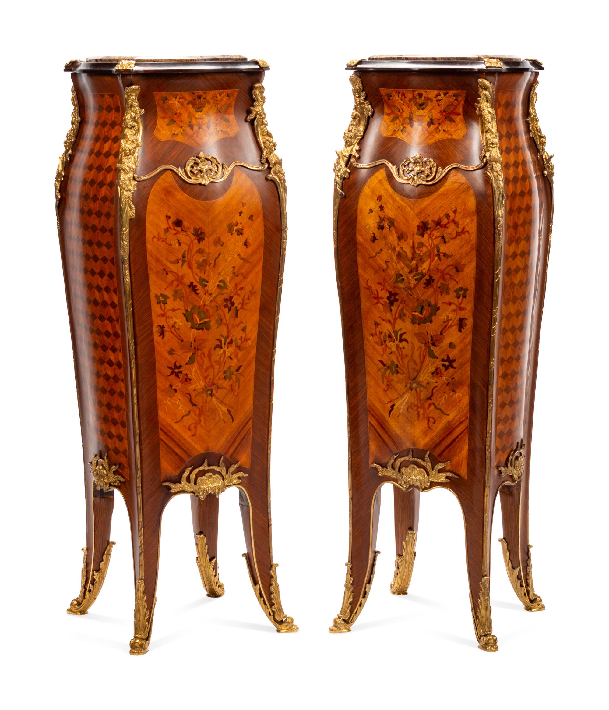 A Pair of Louis XV Style Gilt Metal Mounted Marquetry Pedestals