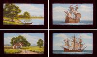 Motilla, (20th Century), Naval Ships (two works), Village Scene, River Scene and Floral Bouquet (five works total)
