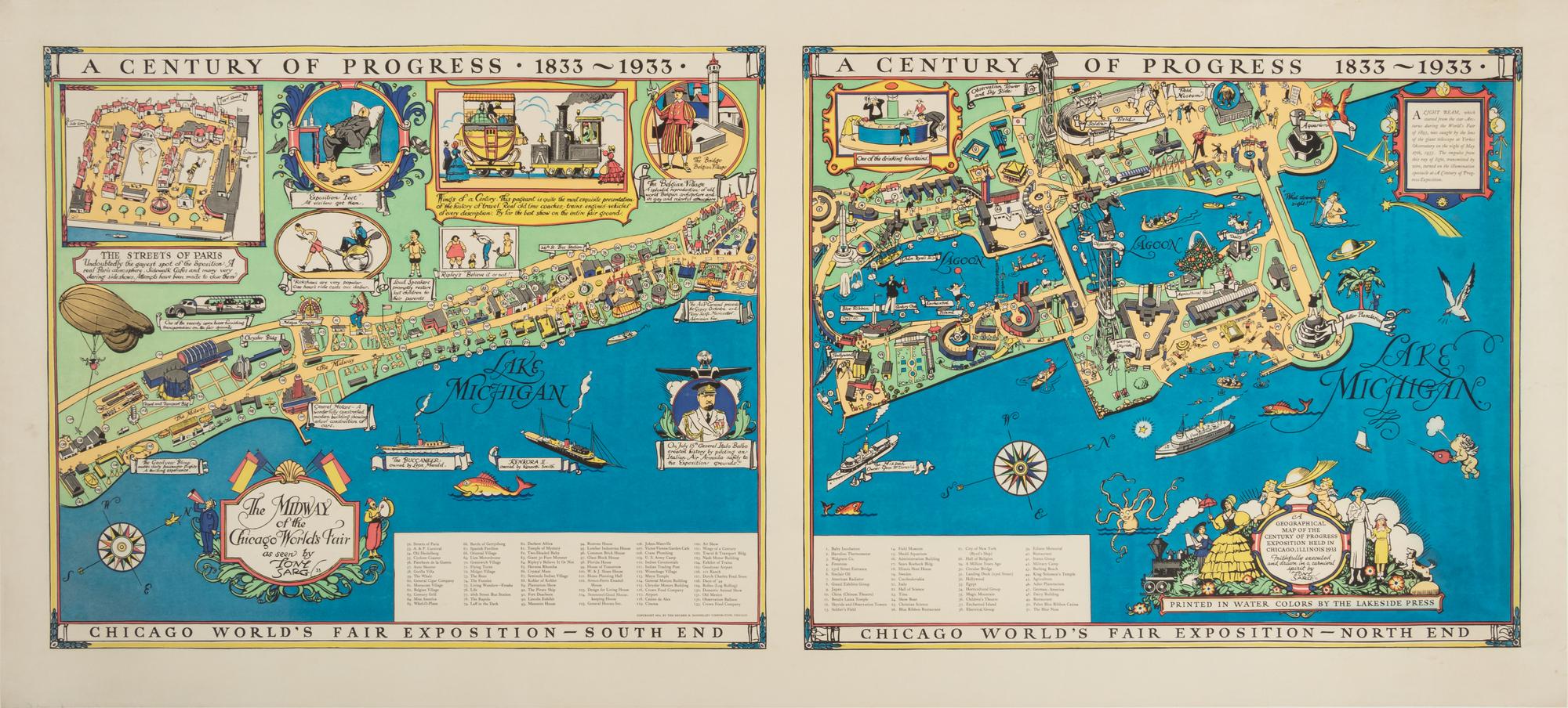 [CHICAGO]. SARG, Anthony Frederick (1880-1942). Century of Progress 1833-1933. A Geographical Map of the Century of Progress Exposition Held in Chicago, Illinois 1933 . Chicago: The Lakeside Press for the Reuben H. Donnelley Corporation, 1933.