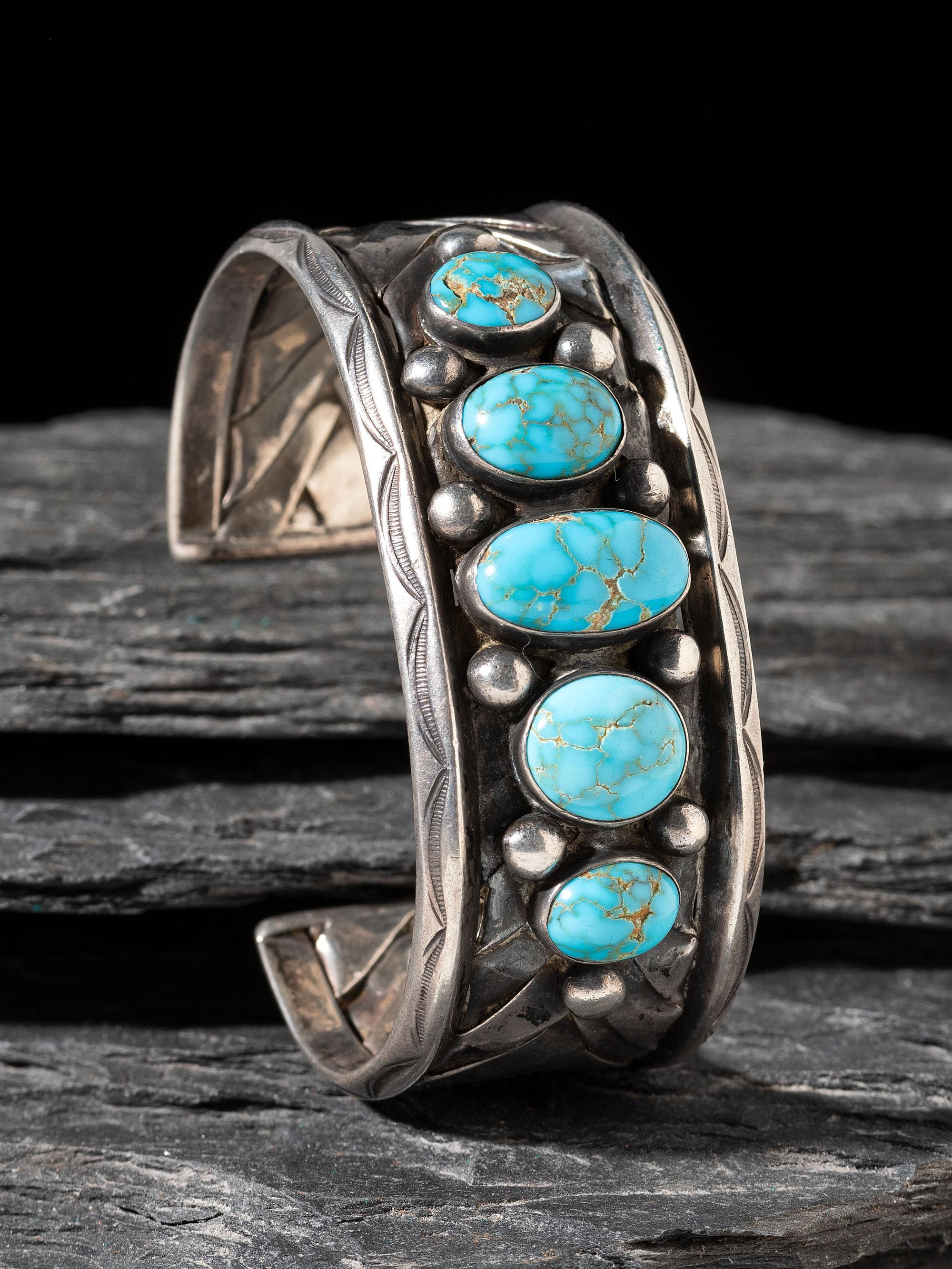 Navajo or Pueblo Woven Silver and Turquoise Cuff Bracelet