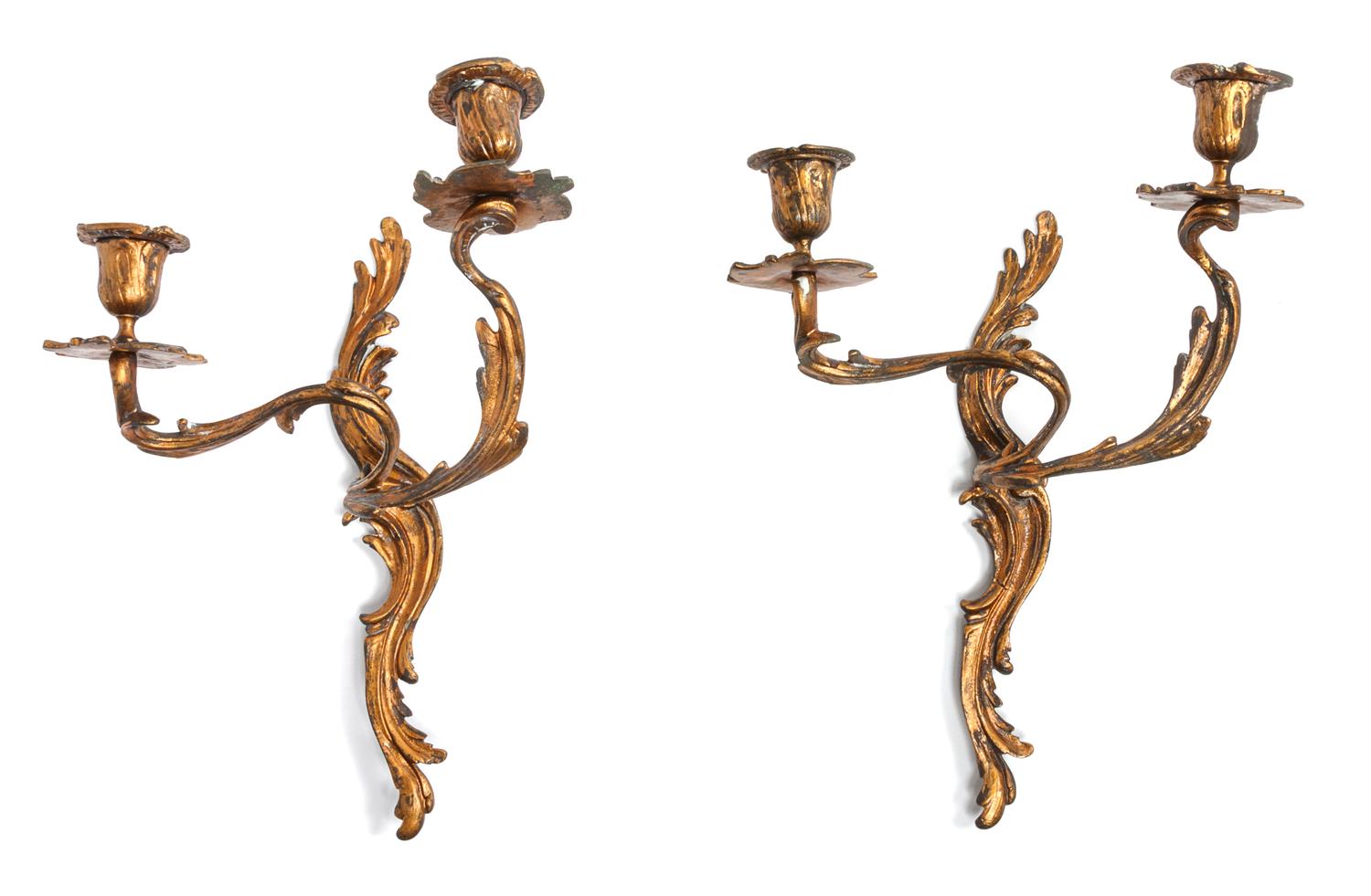 A Pair of Louis XV Style Gilt Metal Two-Light Sconces Height 12 inches. — 20TH CENTURY