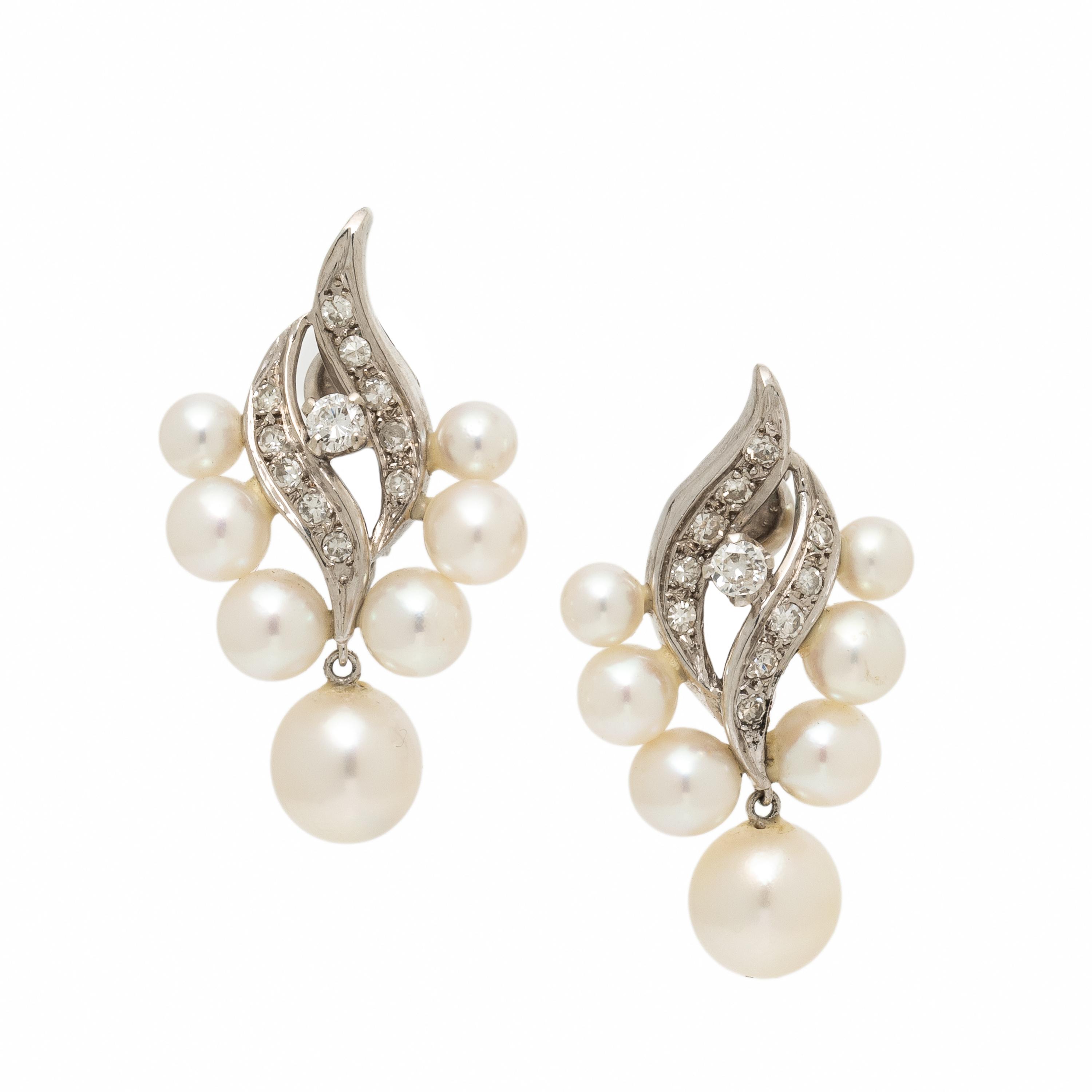 Cultured Pearl, Diamond, and White Gold Earrings