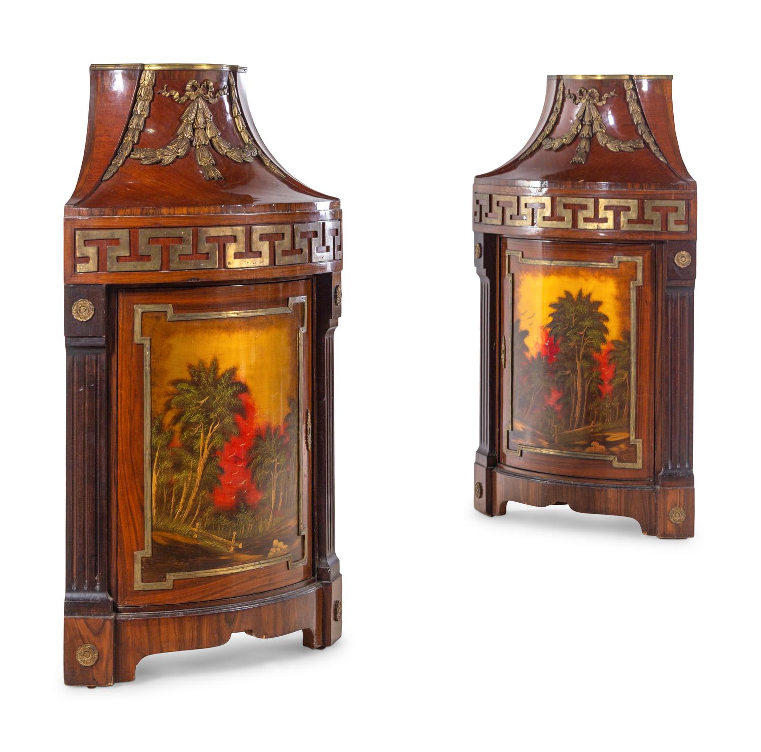 A Pair of Empire Style Ebonized and Vernis Martin Decorated Encoignures