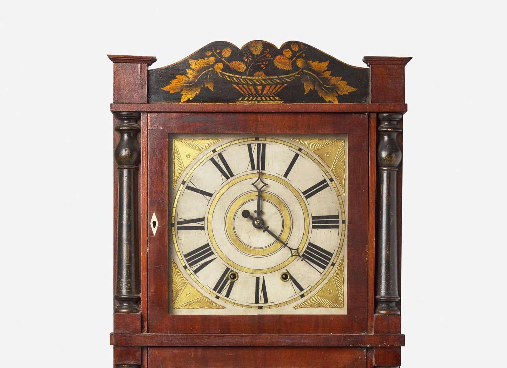 A rare painted, stenciled and mahogany "Independence Hall" mantel clock, bears printed label of Chauncey Boardman & Joseph Wells, Bristol, CT, circa 1830
