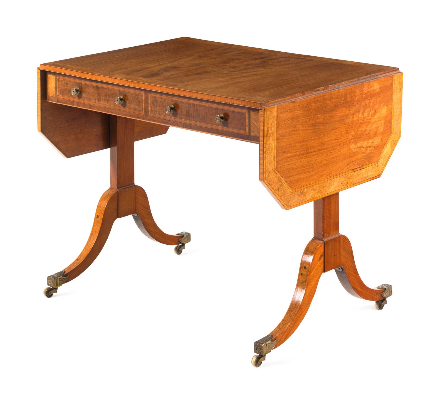 A George III Style Mahogany, Amboyna, Tulipwood and Satinwood Sofa Table