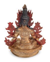 A Southeast Asian Semiprecious Stone-Inset Gilt Bronze Seated Deity