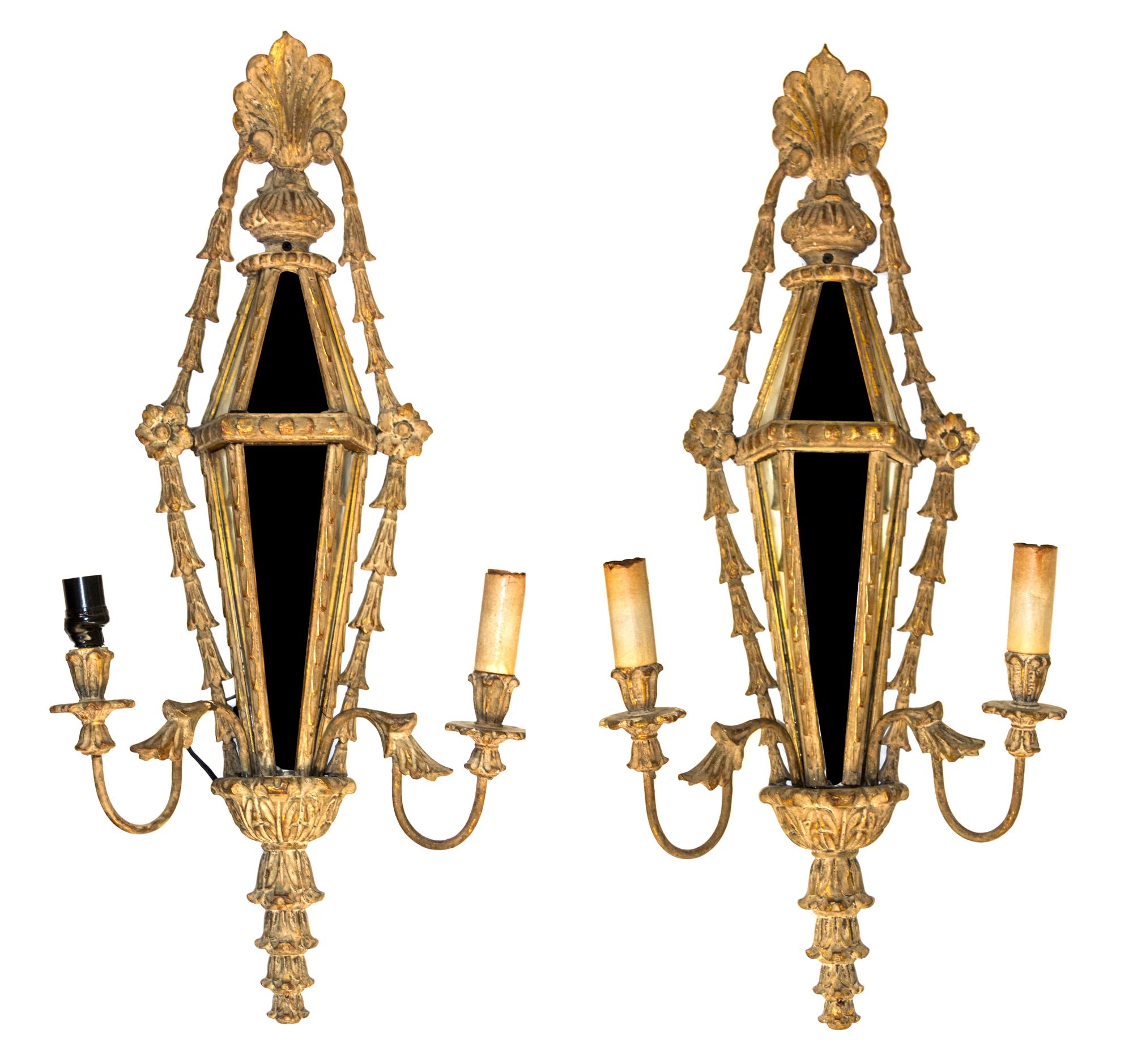 A Pair of George III Style Giltwood Girandole Sconces Height 33 inches.