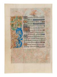 MASTER OF THE CHRONIQUE SCANDALEUSE (active Paris, c. 1490-1510) A leaf from a Book of Hours, including a large miniature of the Annunciation to the Shepherds, in Latin, illuminated manuscript on parchment [Paris, c. 1490-1500]