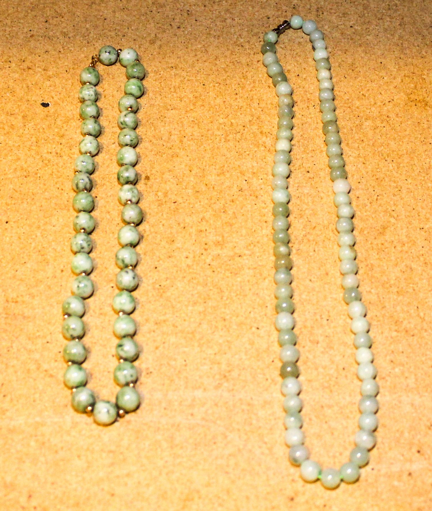 Two Jadeite Beaded Necklaces. Length of longer 11 3/4 inches.