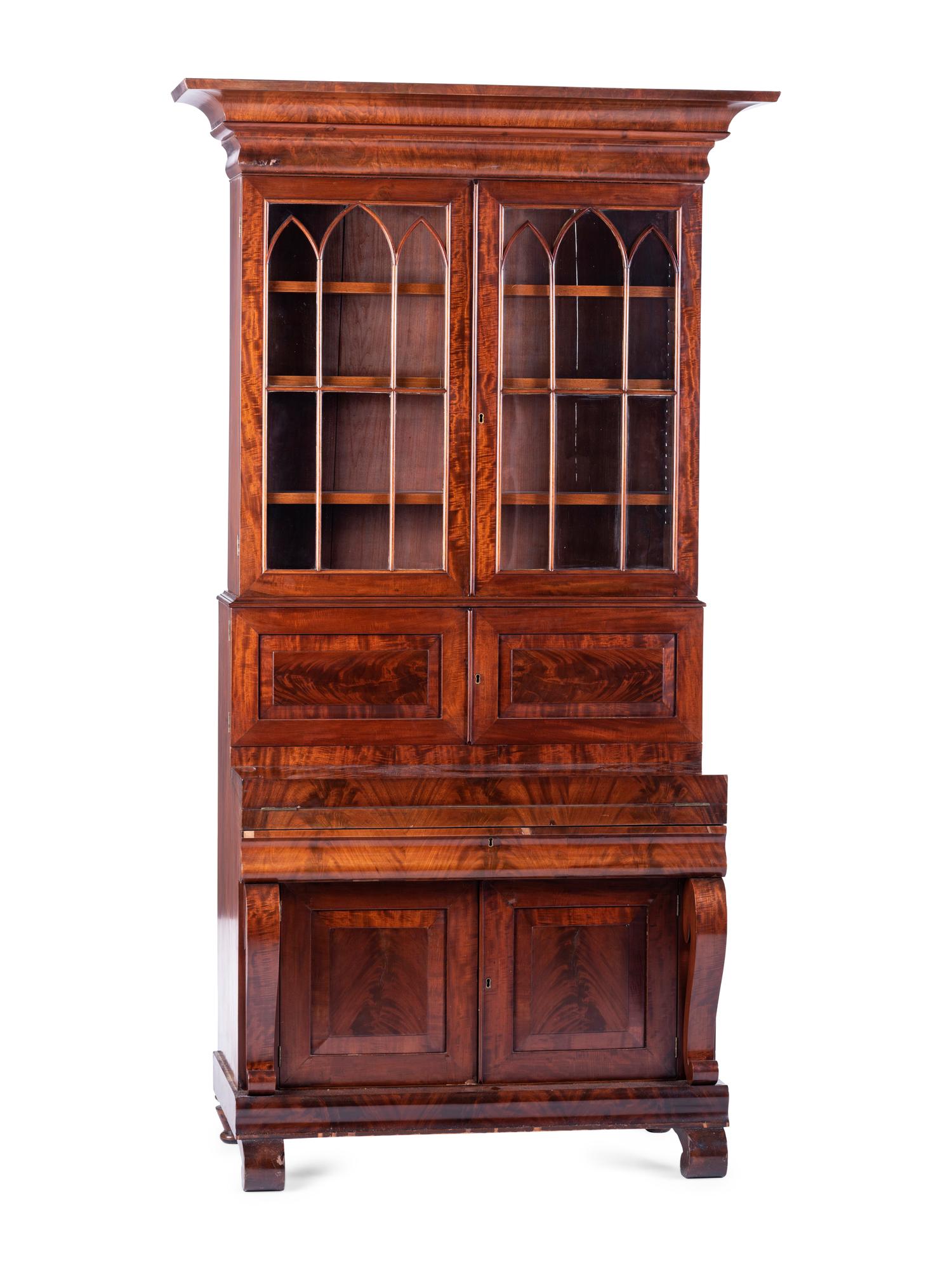 A Classical Figured Mahogany Secretary Bookcase