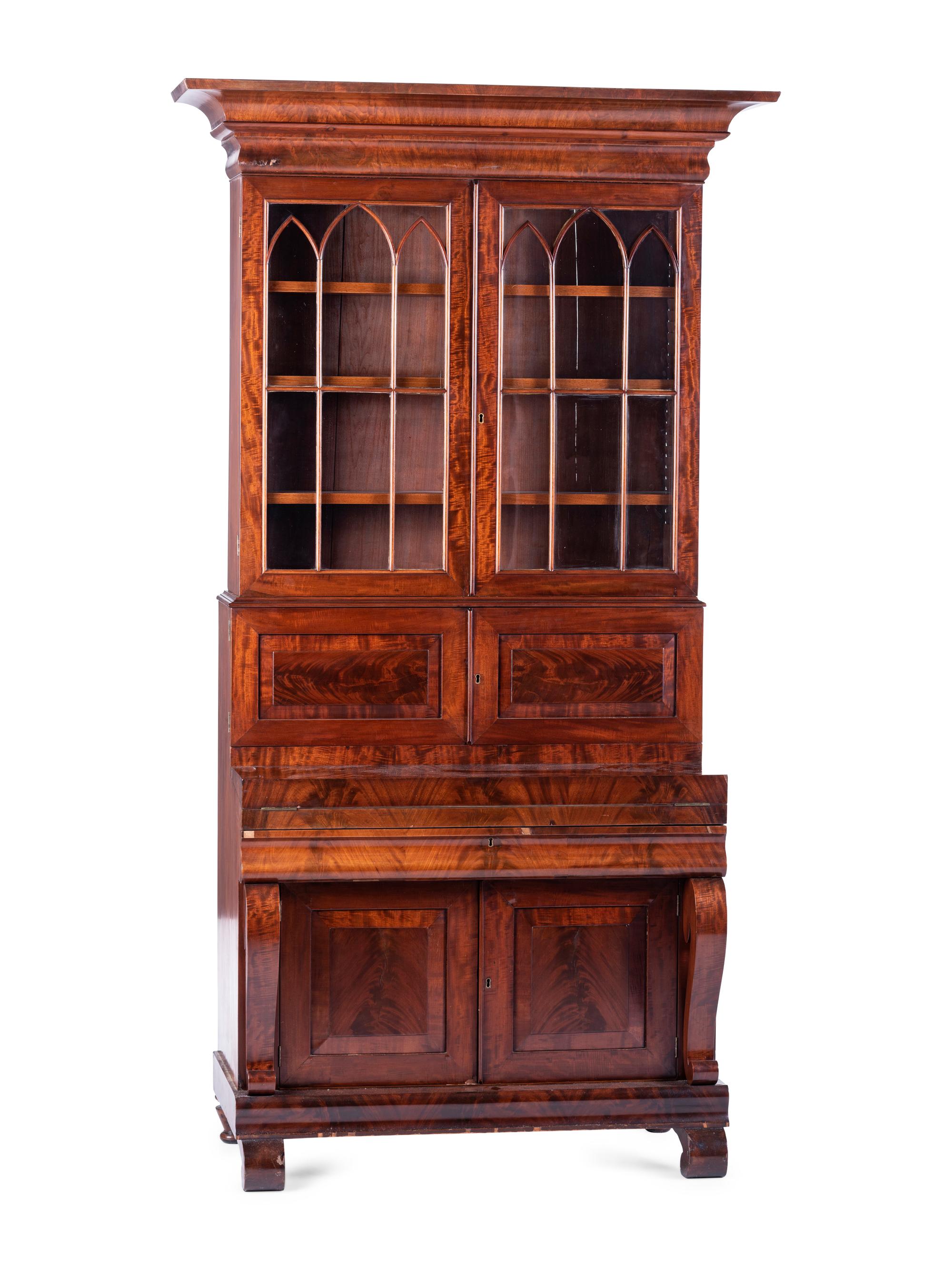 A Classical Figured Mahogany Secretary Bookcase
