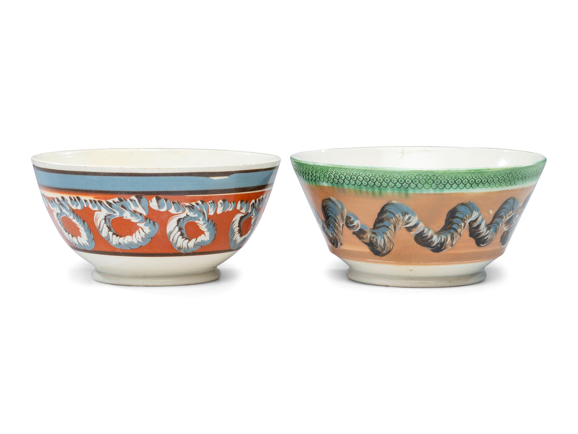 Two Mochaware Bowls with Earthworm Decoration