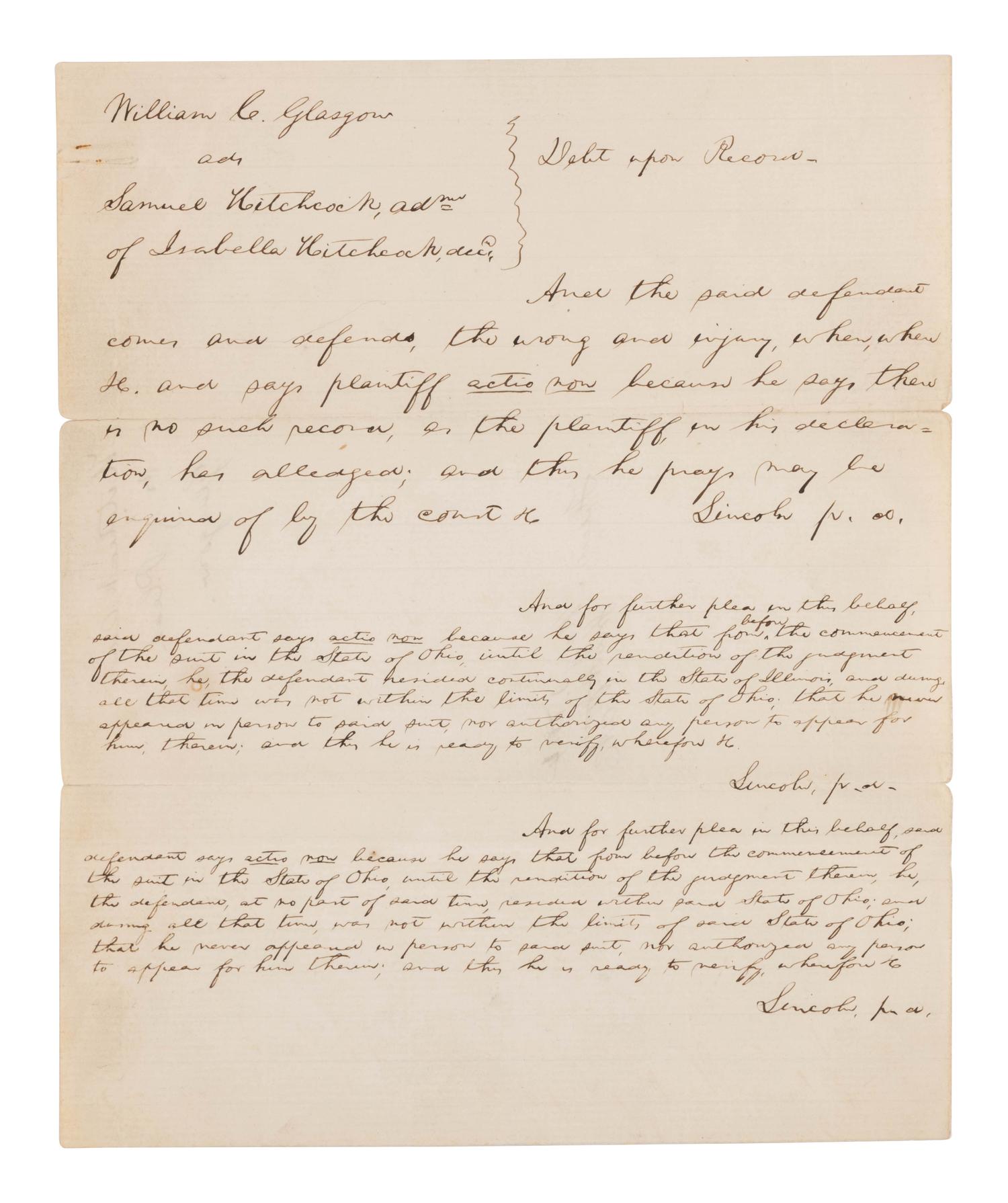 LINCOLN, Abraham (1809-1865). Autograph document signed three times ("Lincoln p. d[efendant]"). [Tazewell County, IL, ca 1 May 1865].