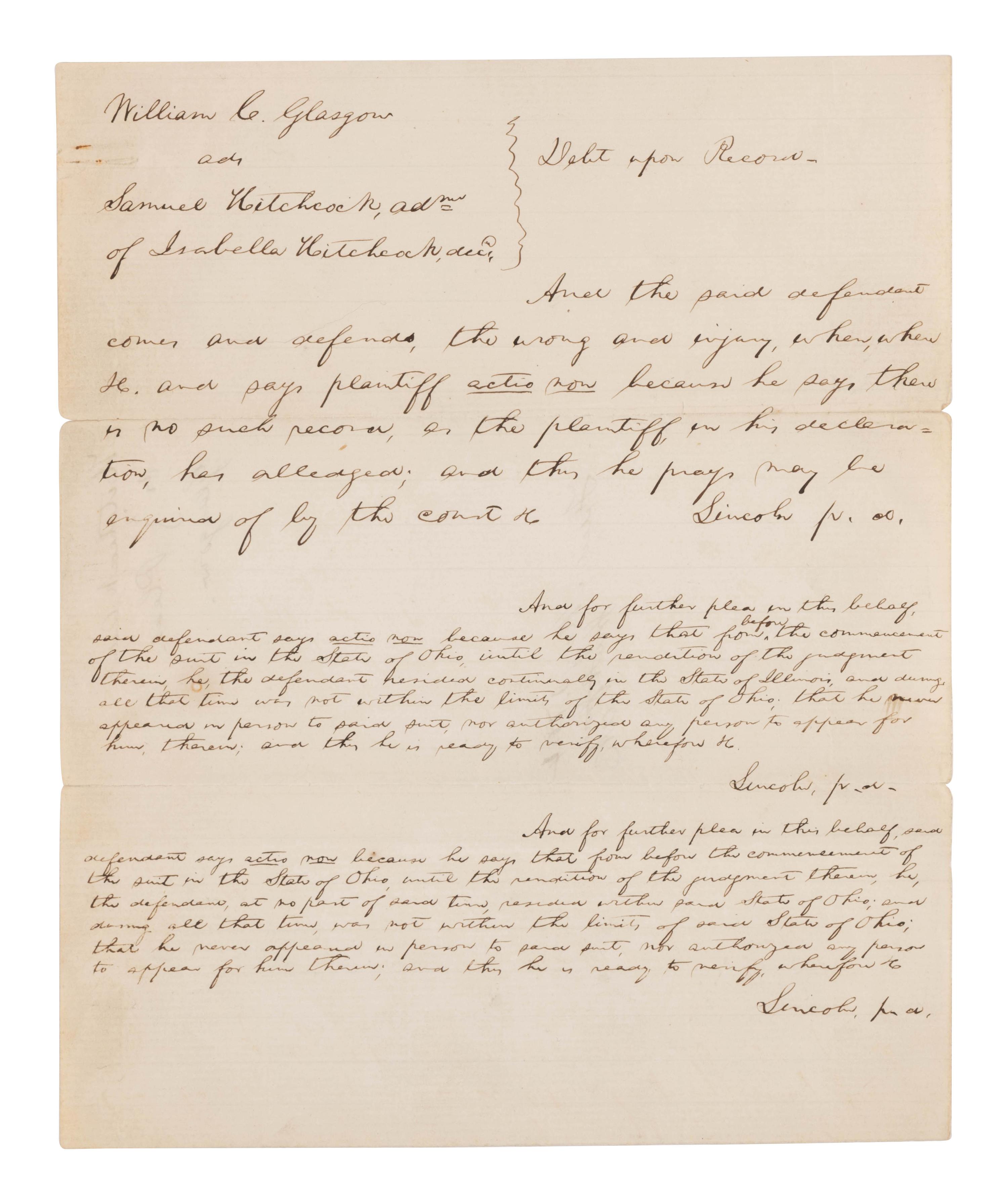 LINCOLN, Abraham (1809-1865). Autograph document signed three times ("Lincoln p. d[efendant]"). [Tazewell County, IL, ca 1 May 1865].