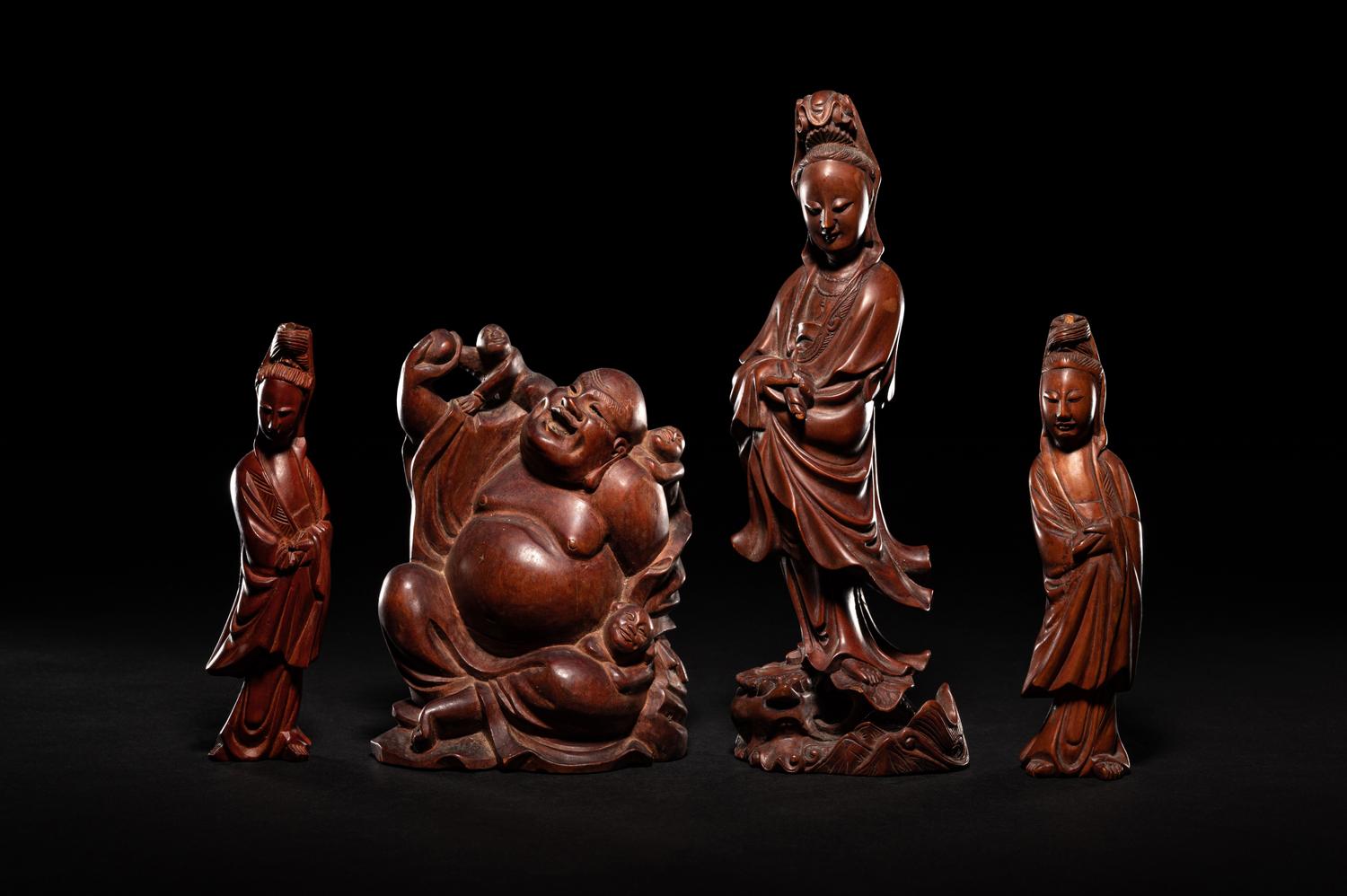 Four Chinese Carved Hardwood Figures