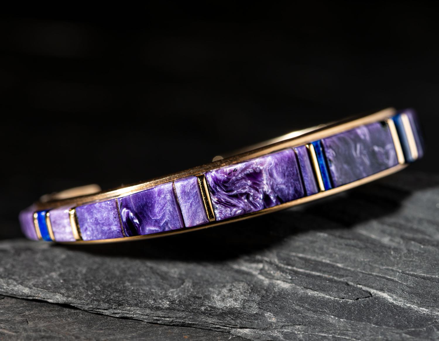 14K Gold Cuff Bracelet, with Charoite and Lapis Cobblestone Inlay