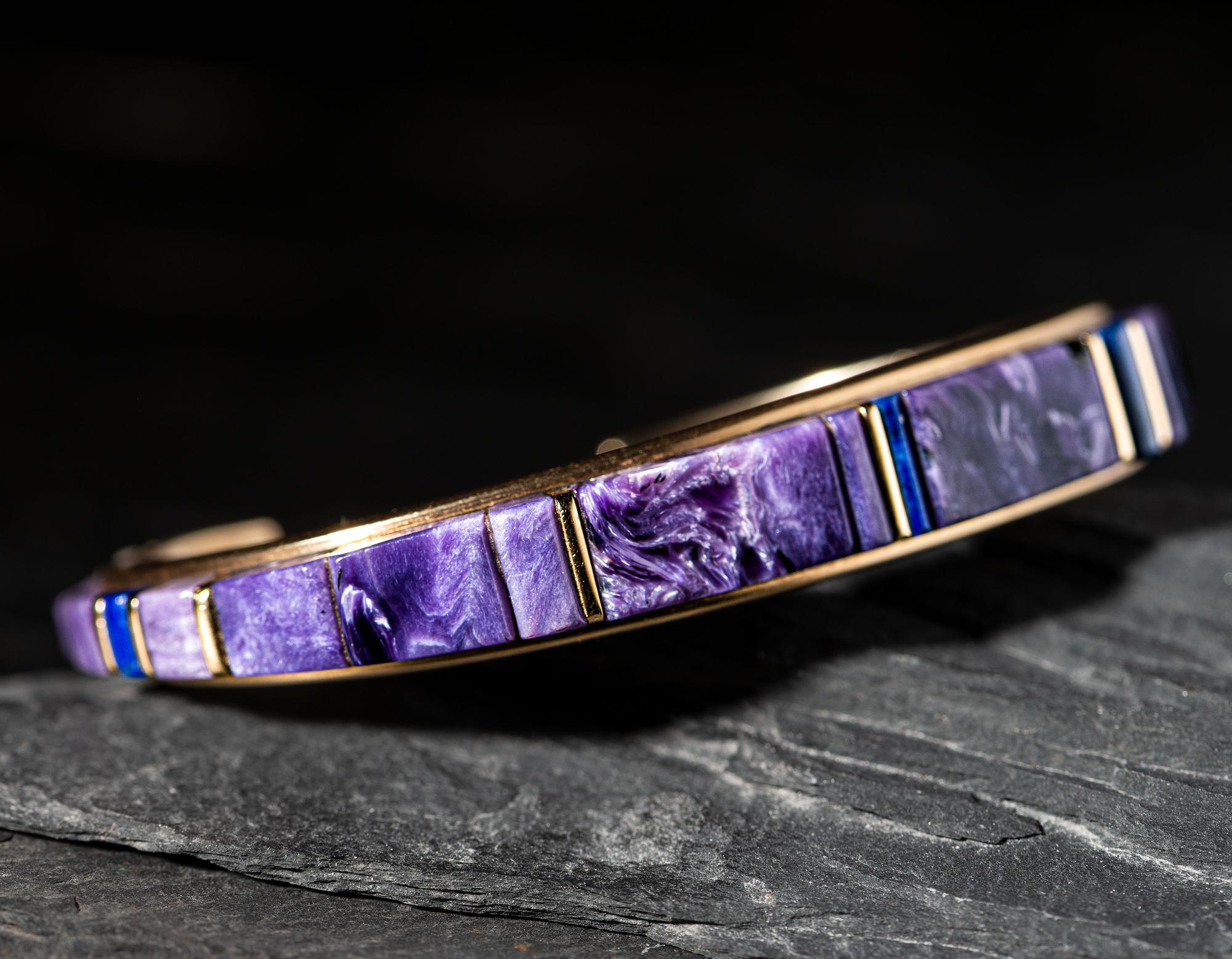 14K Gold Cuff Bracelet, with Charoite and Lapis Cobblestone Inlay