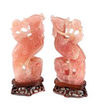 A Pair of Chinese Carved Rose Quartz Birds
