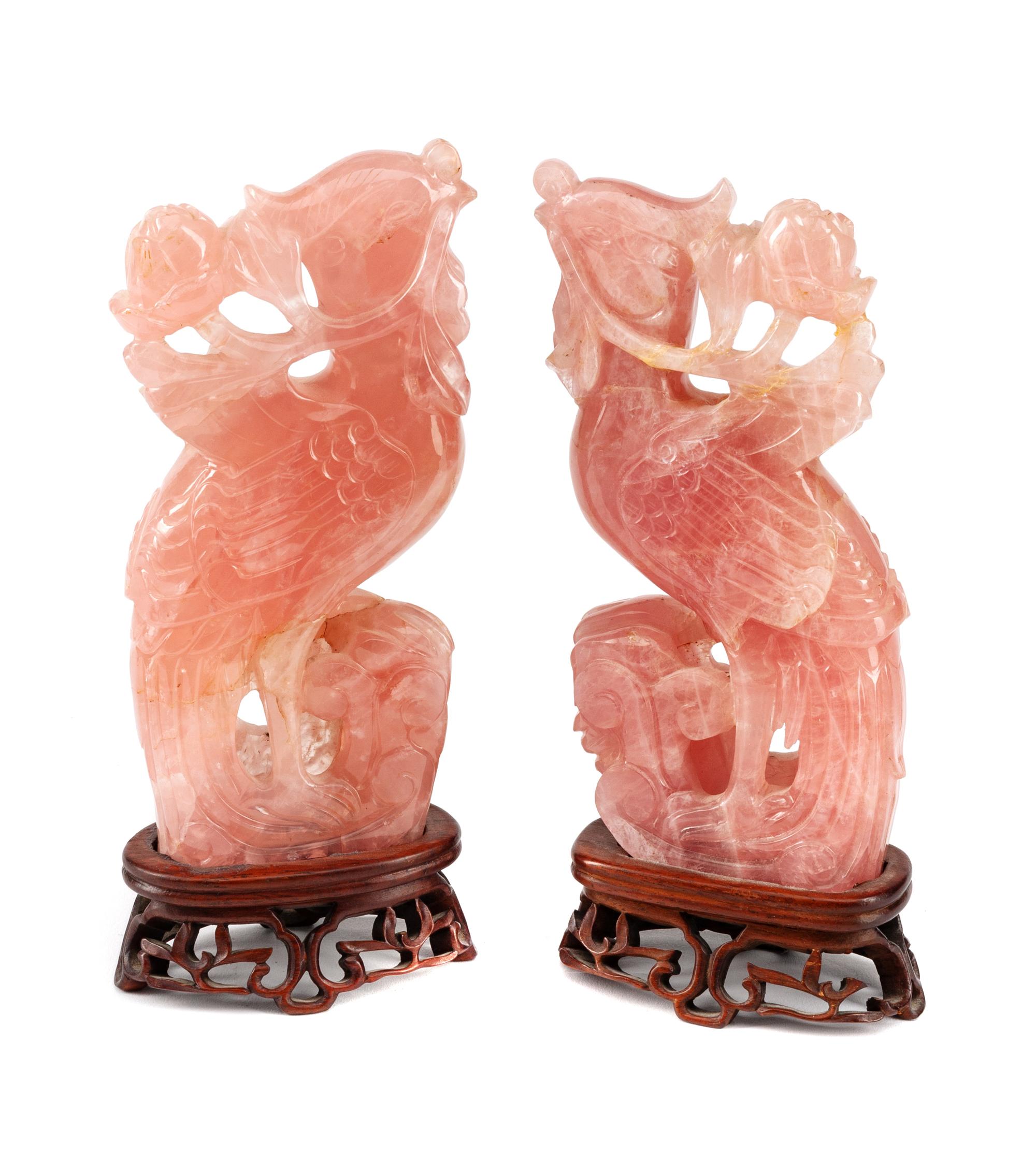 A Pair of Chinese Carved Rose Quartz Birds
