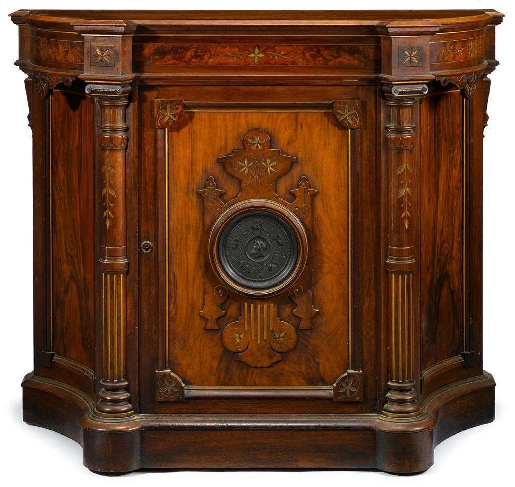 Renaissance Revival mahogany and mixed wood cabinet mid to late 19th century