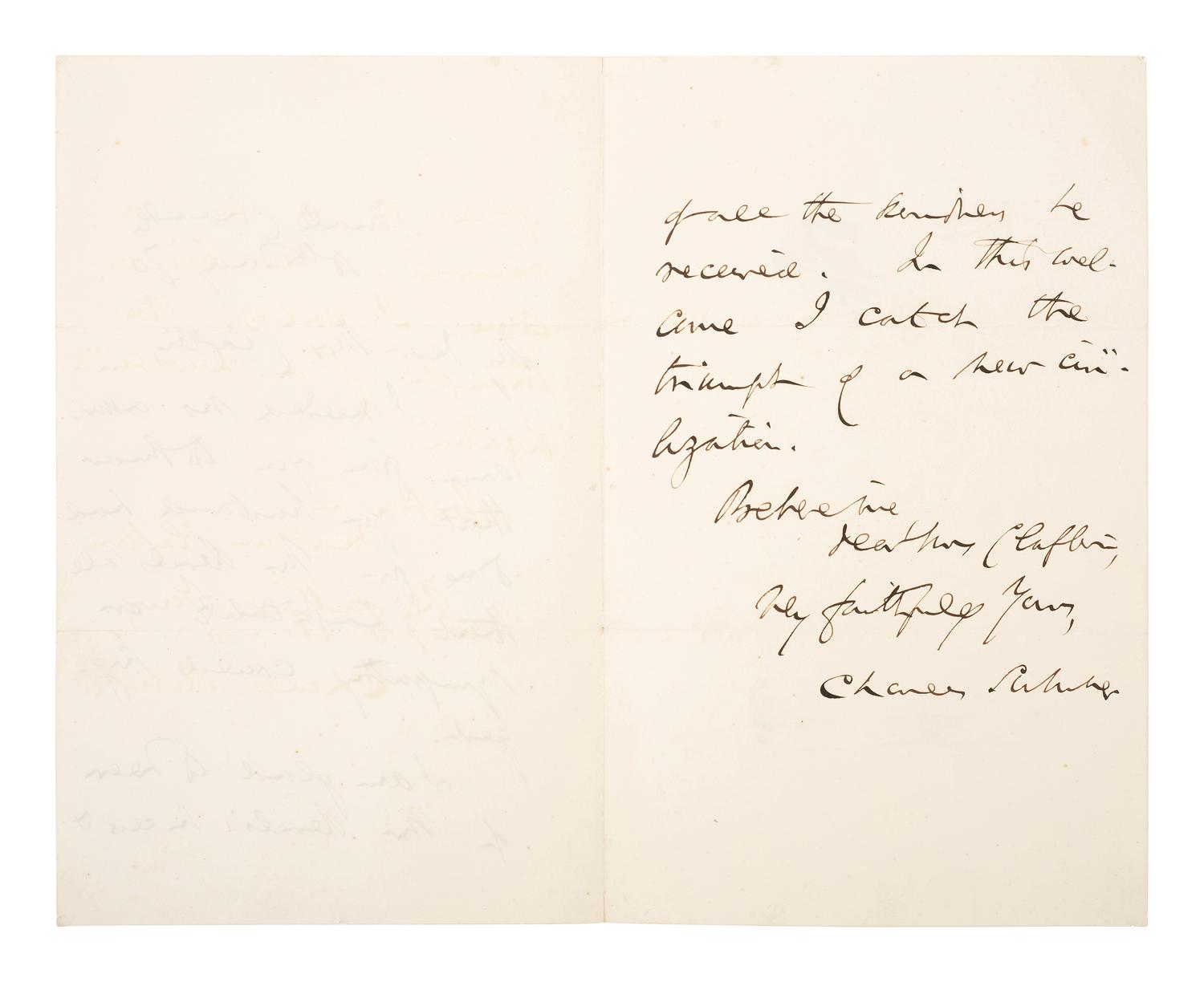 [AFRICAN AMERICANA]. SUMNER, Charles (1811-1874). ALS from Charles Sumner, thanking Massachusetts Governor for hosting Hiram Revels, first Black senator. "Senate Chambers," 10 May 1870.