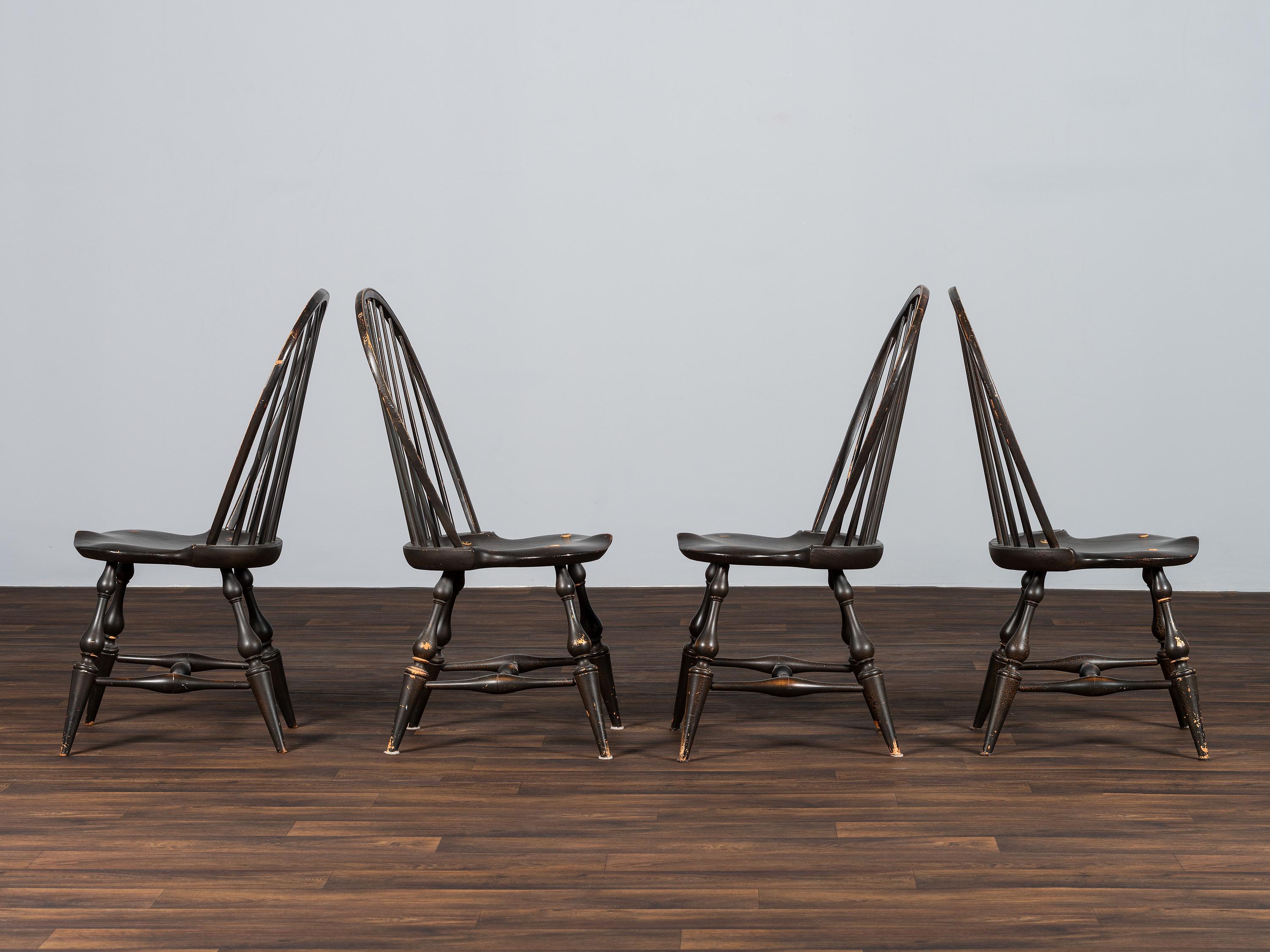 A Set of Four D.R. Dimes Black-Painted Hoop-Back Compass-Seat Windsor Chairs