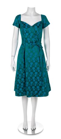 Grenelle Esteves Green Silk Brocade Dress, 1950s No size label