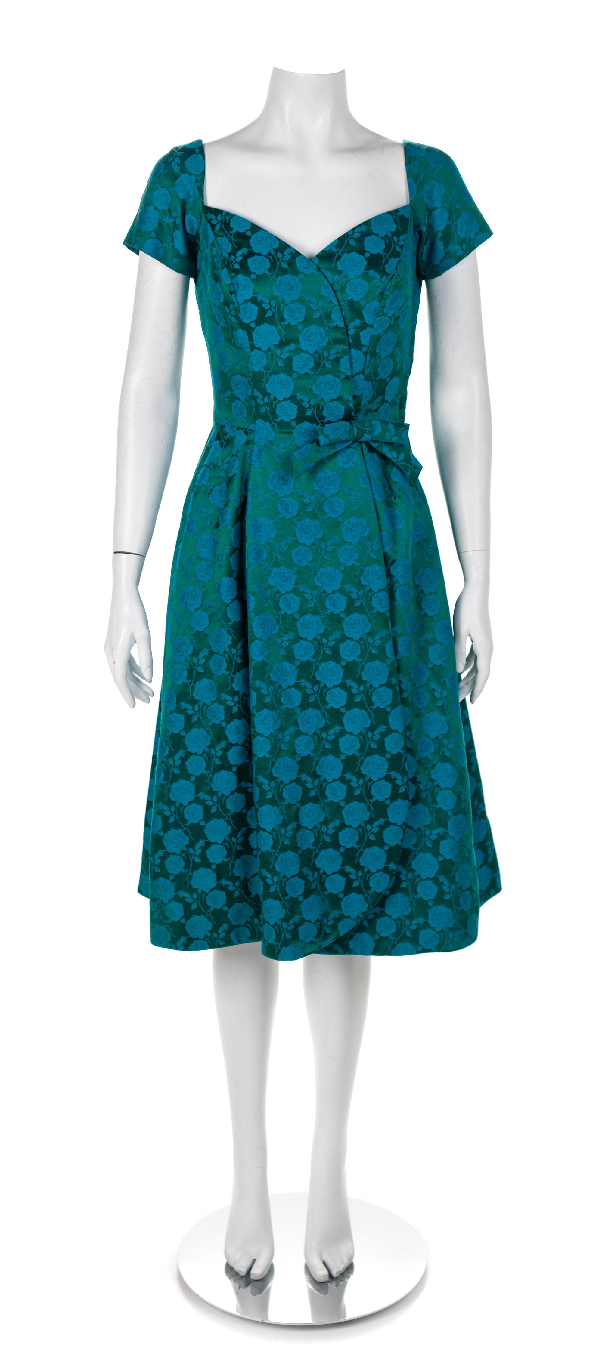 Grenelle Esteves Green Silk Brocade Dress, 1950s No size label
