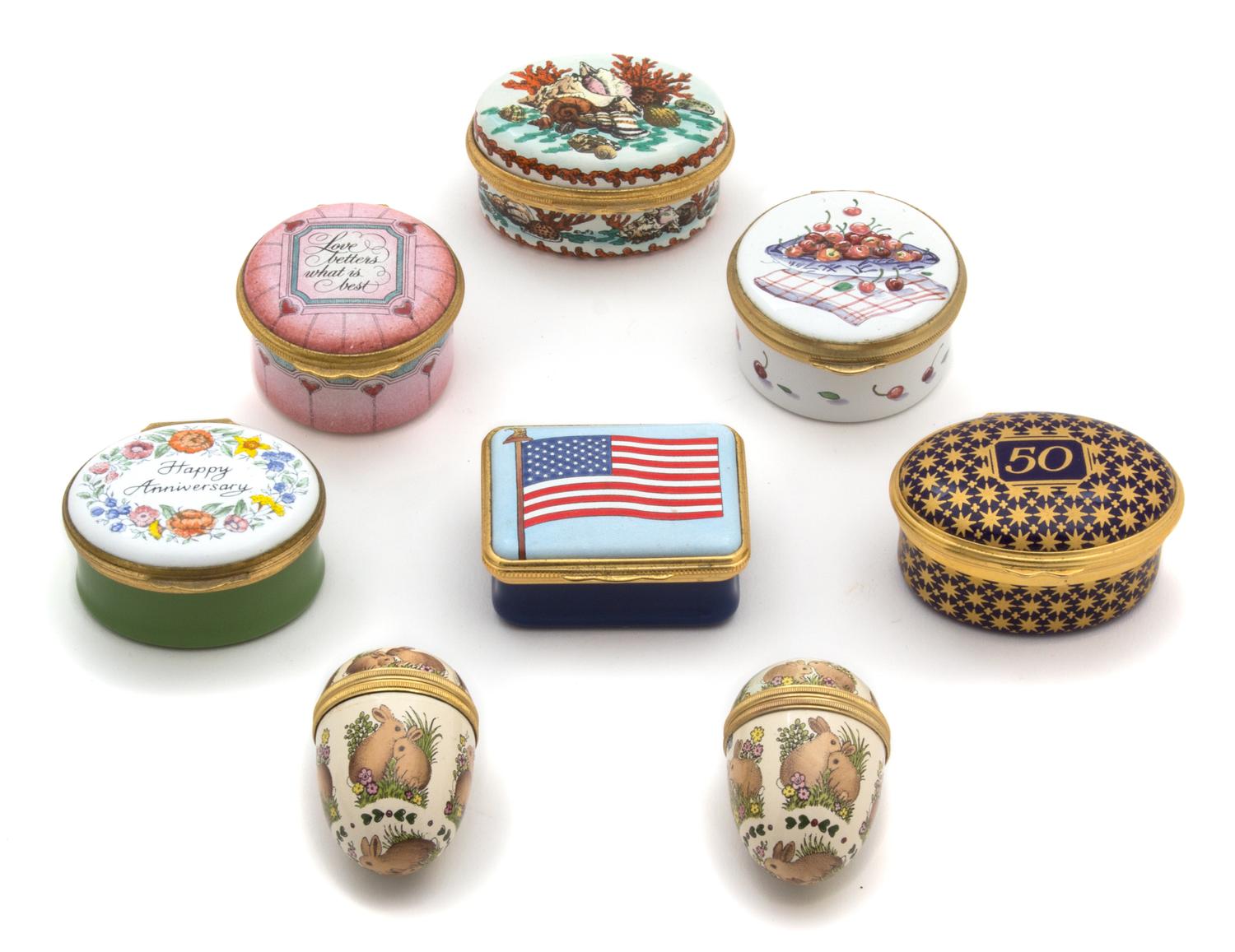 A Group of Halcyon Enamel Pill Boxes Length of largest 2 1/4 inches.