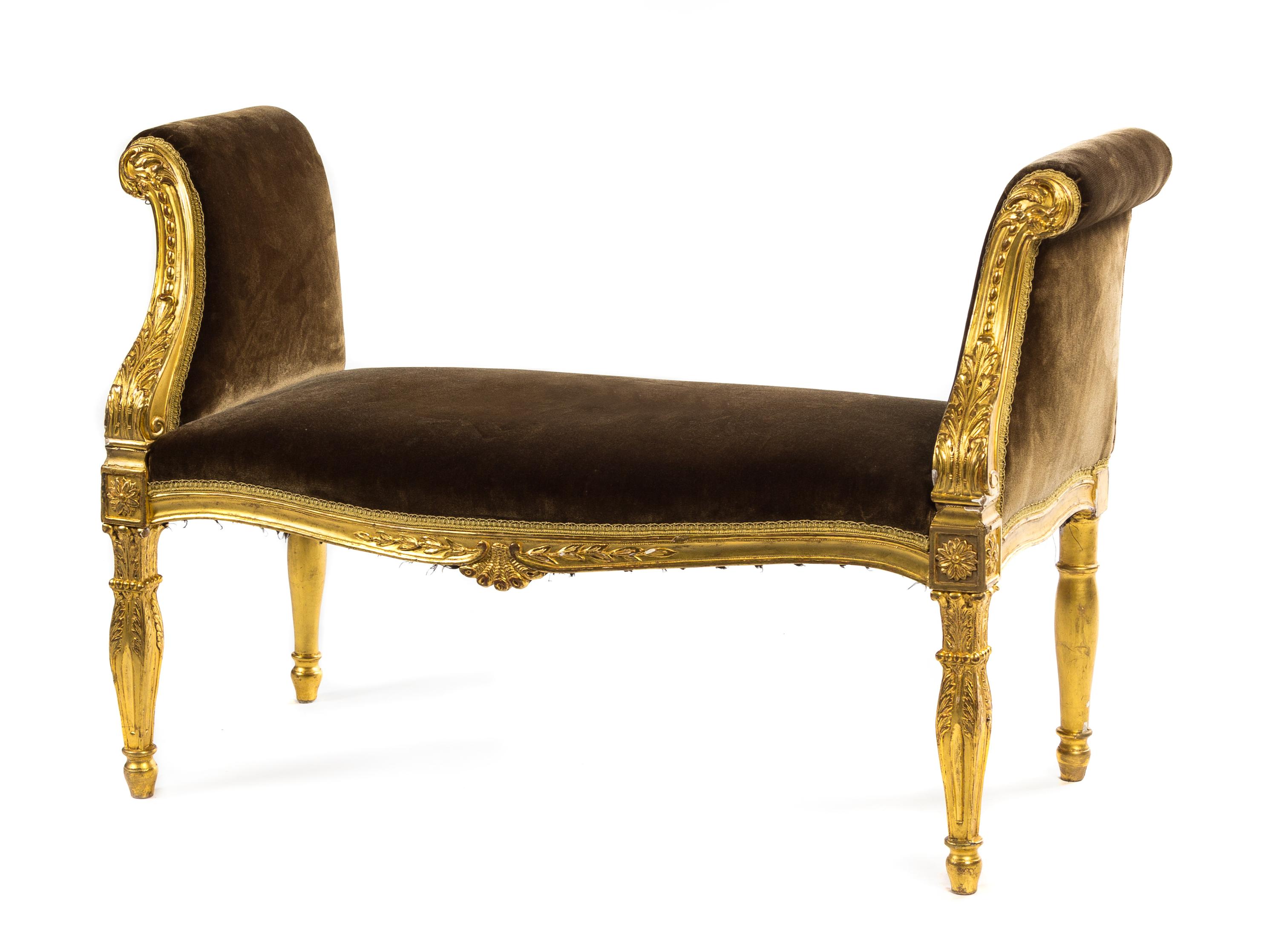 A Louis XVI Giltwood Window Bench Height 26 x width 39 1/2 x depth 18 inches. — 18TH CENTURY