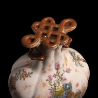 An Unusual Chinese Famille Rose Decorated Vase with "Endless Knot" Lip — 粉彩仿石釉博古圖盤腸口包袱瓶