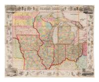 [MAPS & VIEWS]. ATWOOD, J.M. Ensign, Bridgman & Fanning’s Travellers’ Guide through the Western States [cover title]; or, Ensign, Bridgman & Fanning’s Traveller’s Guide Through the States of Ohio, Michigan, Indiana, Illinois, Missouri, Iowa, and Wisconsin . New York: Horace Thayer & Co., 1853.