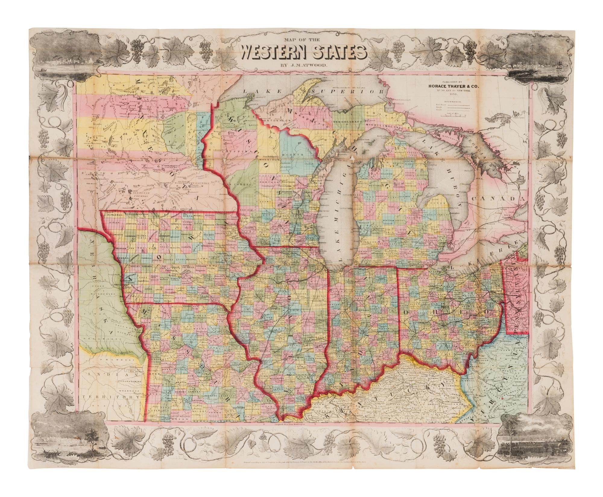 [MAPS & VIEWS]. ATWOOD, J.M. Ensign, Bridgman & Fanning’s Travellers’ Guide through the Western States [cover title]; or, Ensign, Bridgman & Fanning’s Traveller’s Guide Through the States of Ohio, Michigan, Indiana, Illinois, Missouri, Iowa, and Wisconsin . New York: Horace Thayer & Co., 1853.