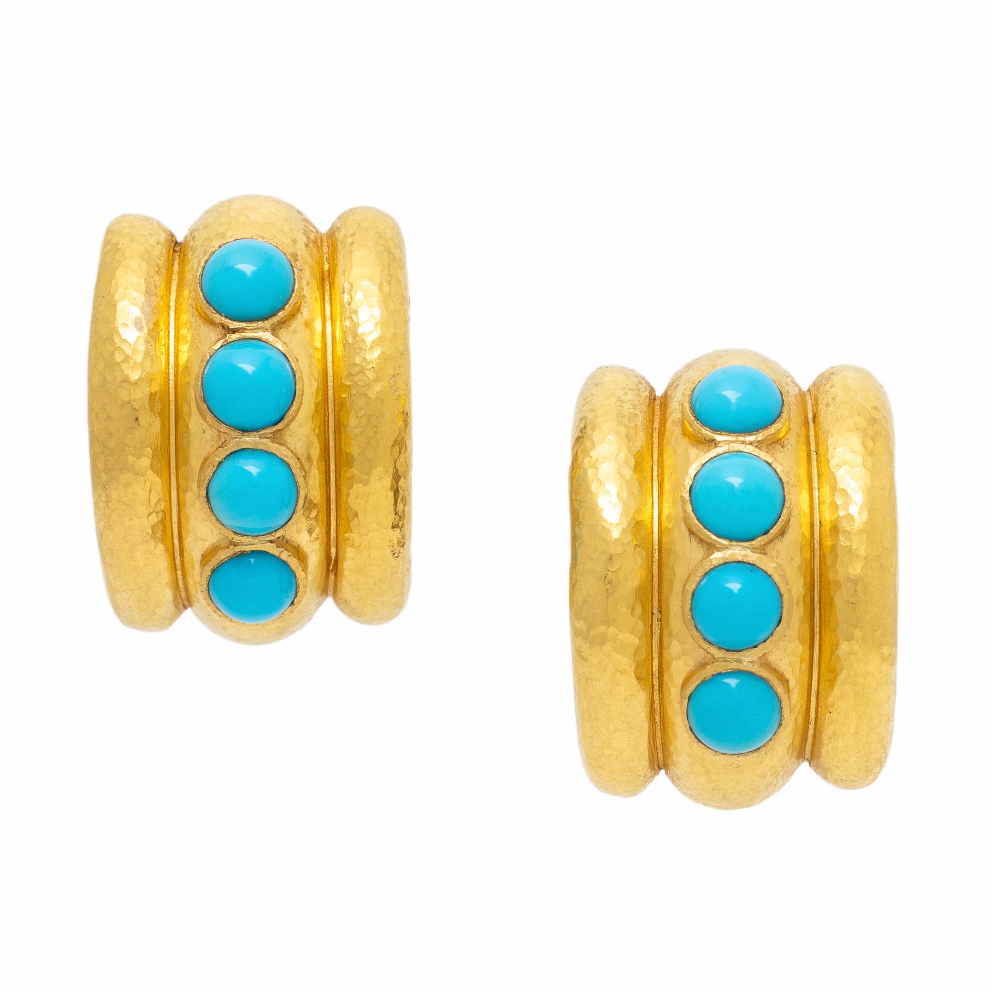 Elizabeth Locke, Yellow Gold and Turquoise Half Hoop Earrings