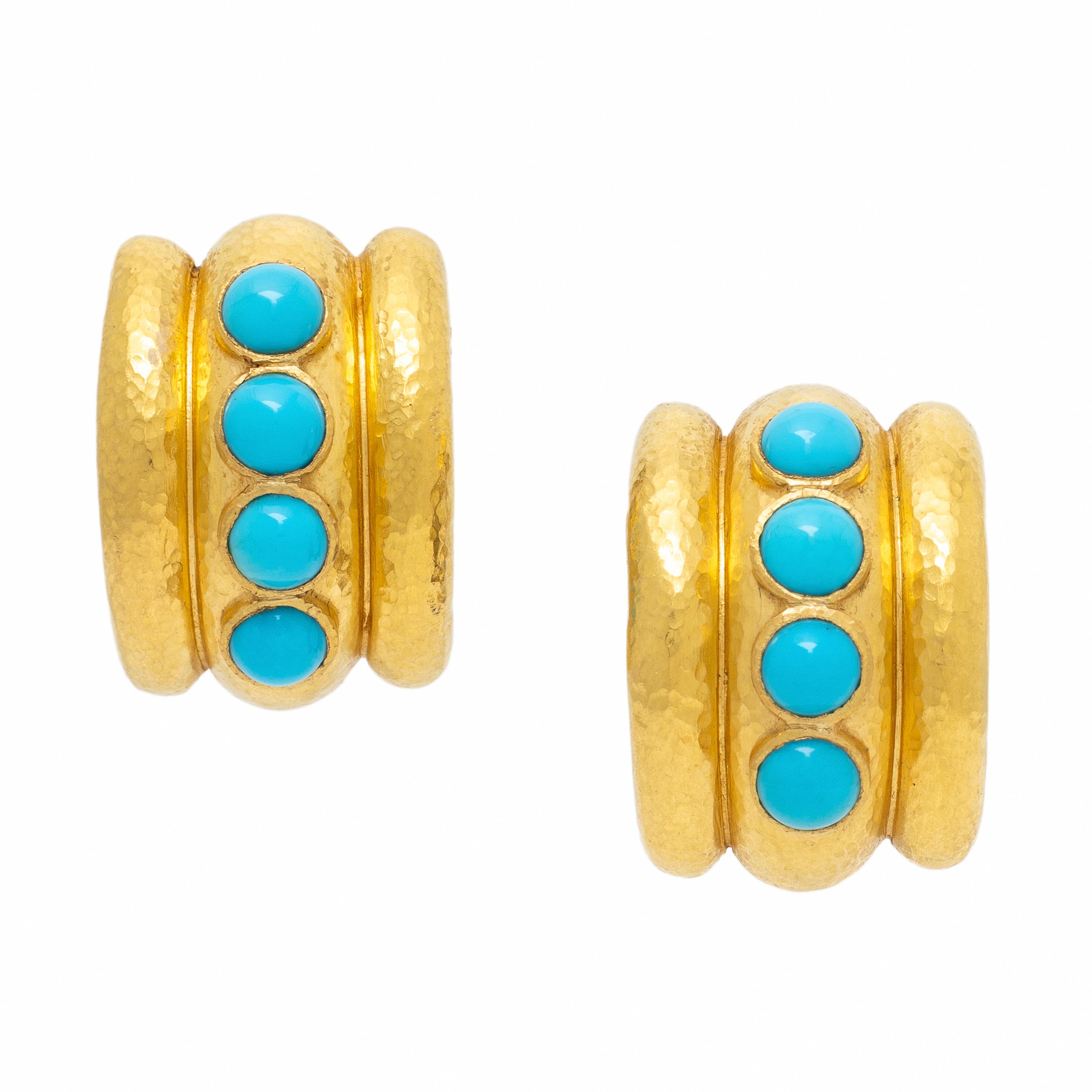 Elizabeth Locke, Yellow Gold and Turquoise Half Hoop Earrings