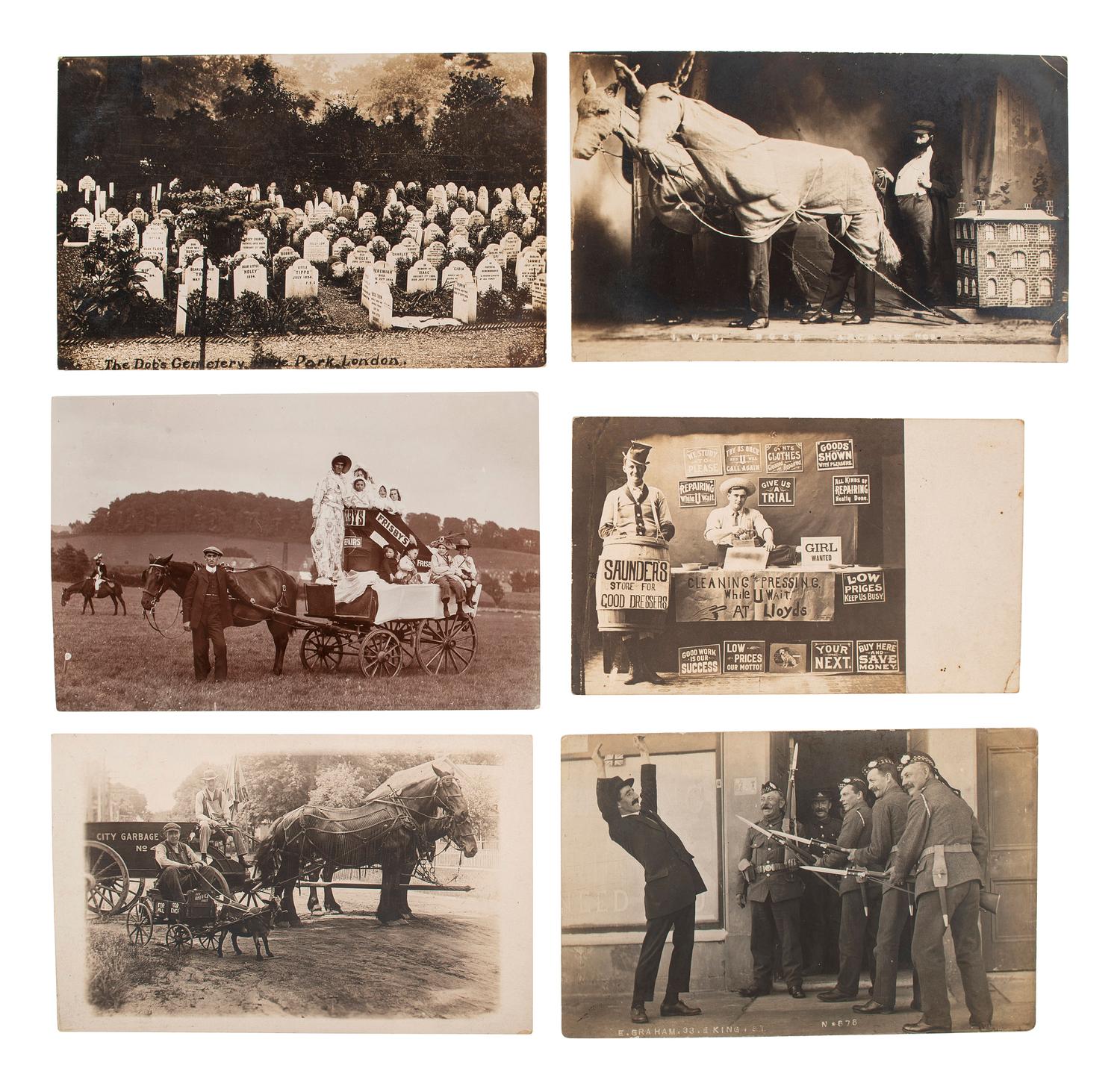 [EARLY PHOTOGRAPHY]. A group of 56 real photo postcards of performers and curious scenes and subjects from the United States and abroad, including: