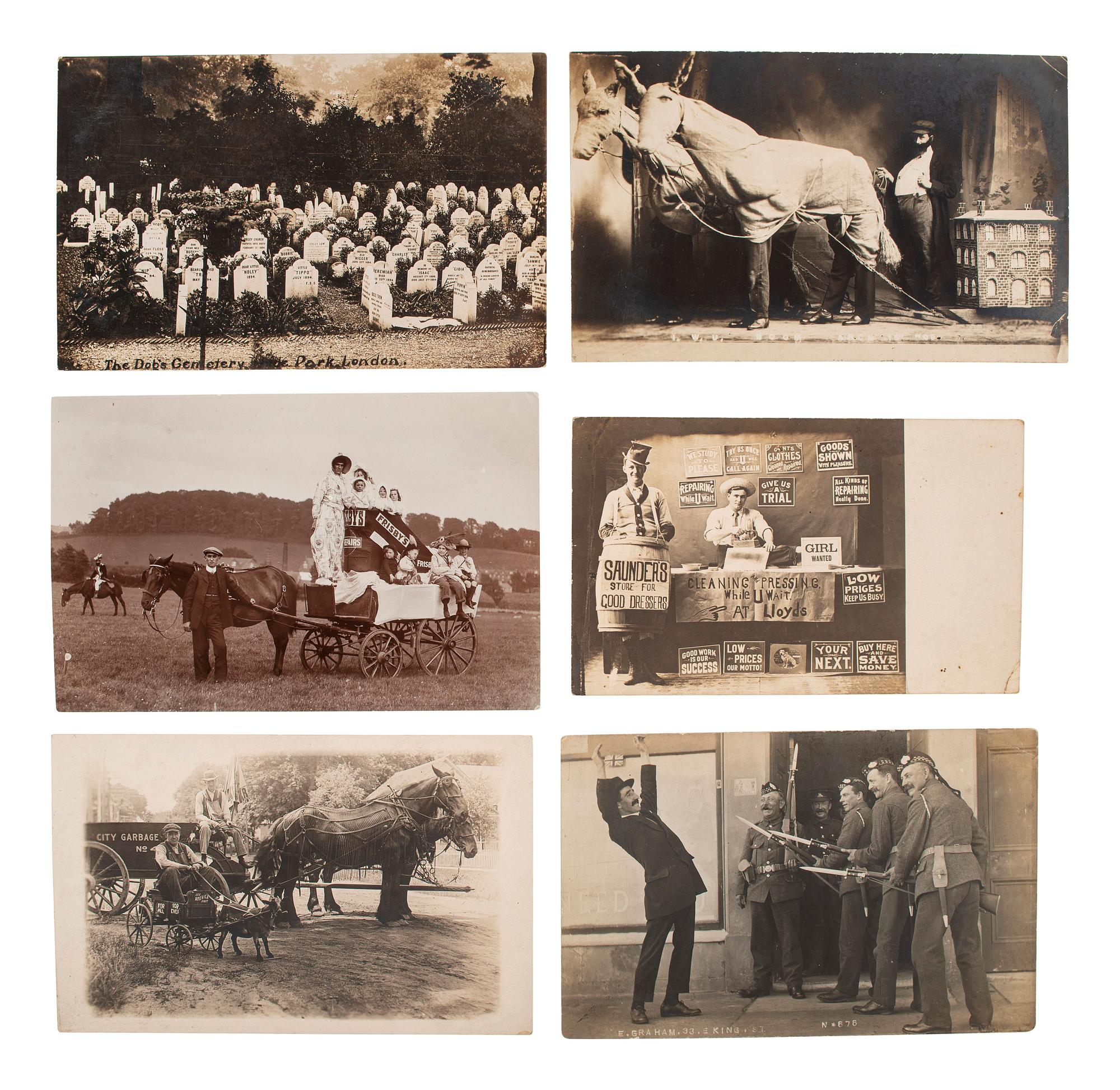 [EARLY PHOTOGRAPHY]. A group of 56 real photo postcards of performers and curious scenes and subjects from the United States and abroad, including: