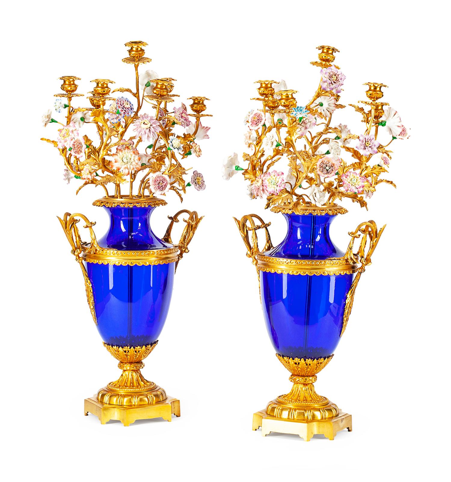 A Pair of Neoclassical Style Gilt-Bronze and Porcelain-Mounted Blue Glass Seven-Light Candelabra