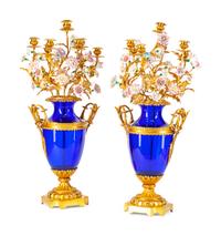 A Pair of Neoclassical Style Gilt-Bronze and Porcelain-Mounted Blue Glass Seven-Light Candelabra