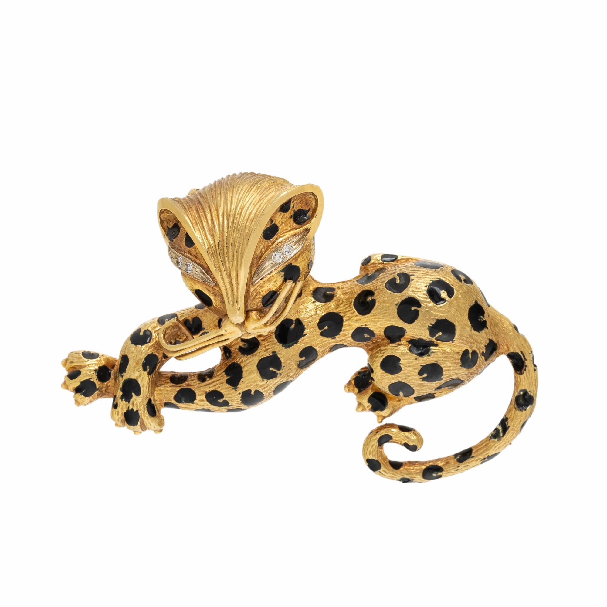 HAMMERMAN BROTHERS, YELLOW GOLD, ENAMEL, AND DIAMOND LEOPARD BROOCH