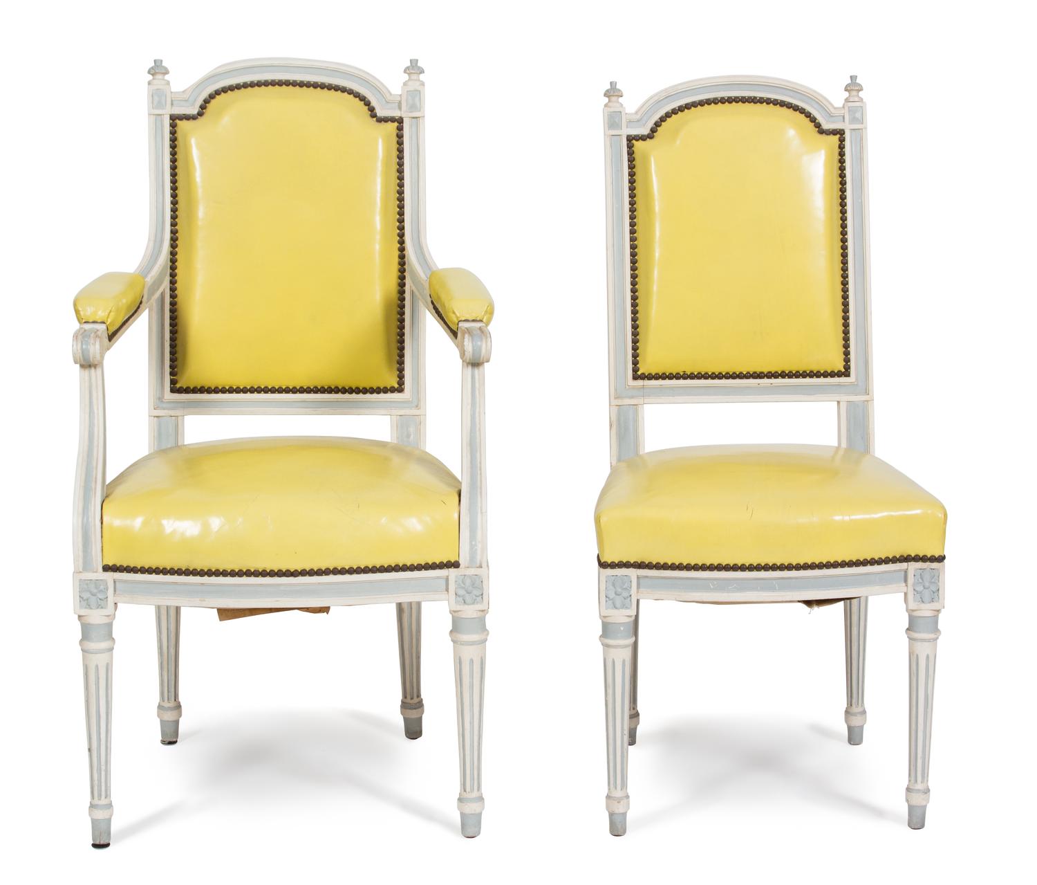 A Set of Eight Louis XVI Style Painted Dining Chairs Height of armchair 39 inches. — 20TH CENTURY