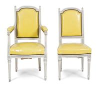 A Set of Eight Louis XVI Style Painted Dining Chairs Height of armchair 39 inches. — 20TH CENTURY