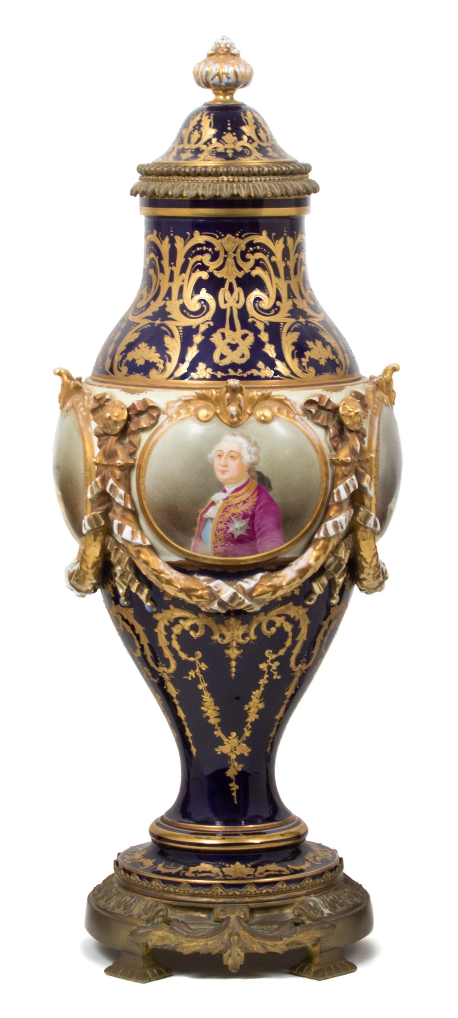 A Sevres Porcelain, Gilt Bronze and Cobalt Mounted Covered Urn Height 27 inches. — 19TH CENTURY