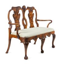 A George II Style Carved Walnut and Marquetry Double-Back Settee