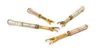 Four French Mother-of-Pearl Veneered Opera Glass Holders, Length of longest 7 5/8 inches (closed).