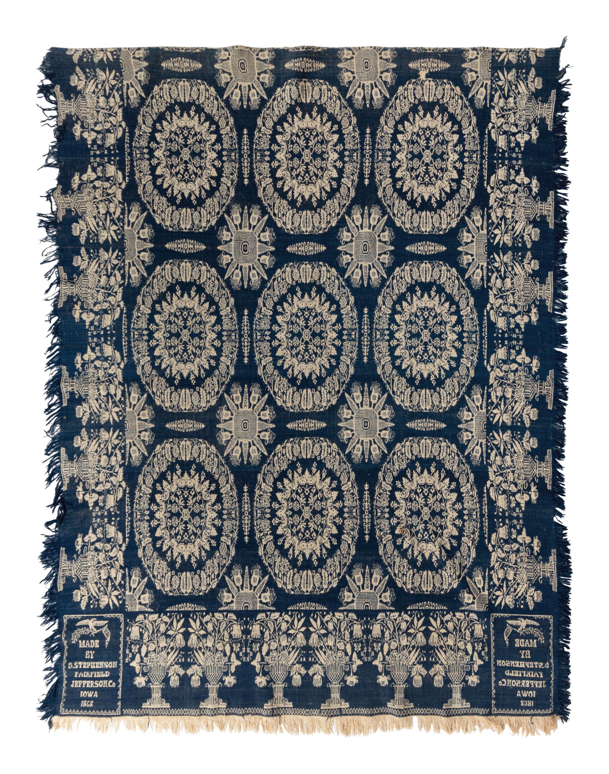 Two Jacquard Woven Cotton and Wool Coverlets