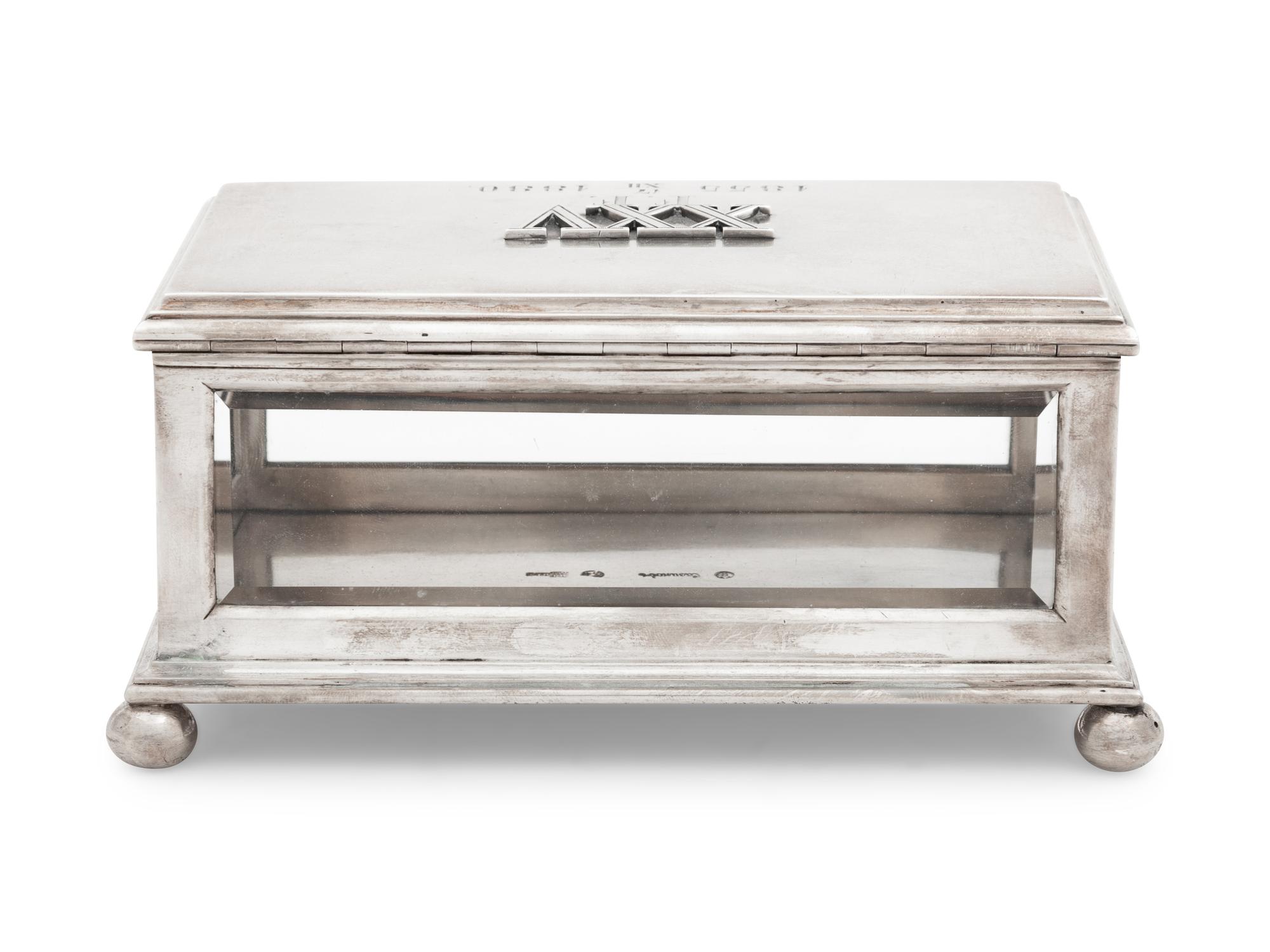 A Russian Silver and Glass-Inset Presentation Table-Top Cigarette Box